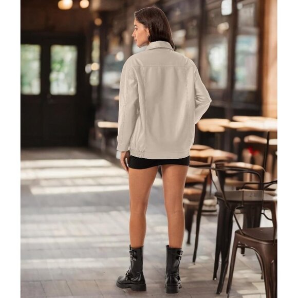 Women's Beige Oversized Faux Leather Fashion Zip Up Motorcycle Loose Fit Jacket - Picture 7 of 7
